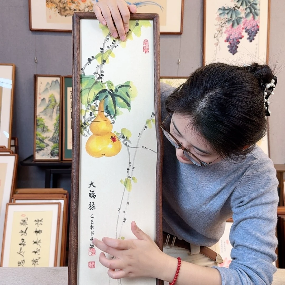 国画纯手绘，纯手写带框尺寸：20×70厘米