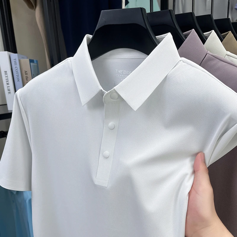 新款夏季锦氨无痕男士短袖polo衫冰凉高支数暗扣半袖T恤男开叉款