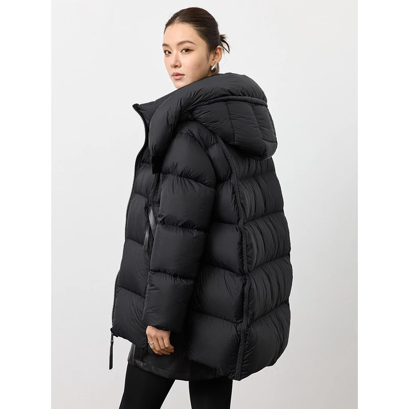 白鹅绒2025冬新款连帽宽松茧型泡芙羽绒服女中长款显瘦加厚