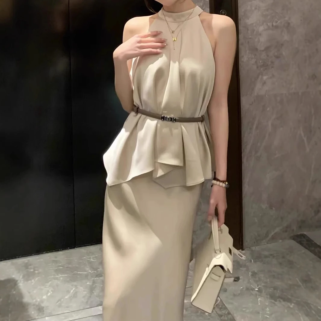 法式西装背心2025款【矜贵佳人】感无袖挂脖气质缎面上衣半裙套装