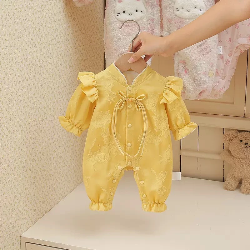春秋季婴儿连体衣女宝宝新中式周岁礼服爬爬服满月百天洋气哈衣服