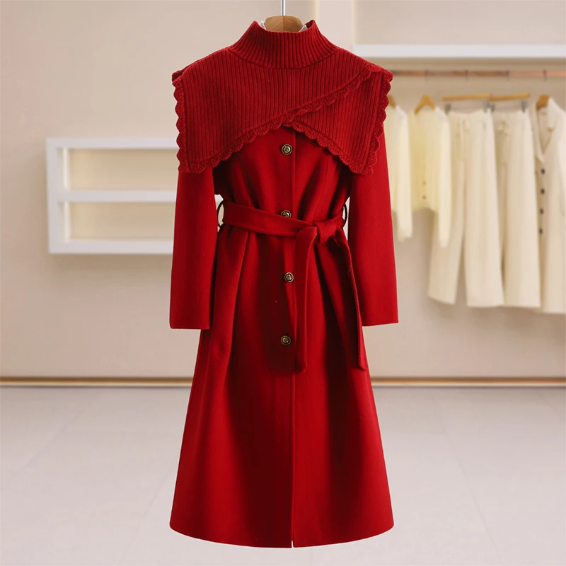 F6220-【璐】装饰圆领收腰中长款双面呢大衣#ZBY58B022