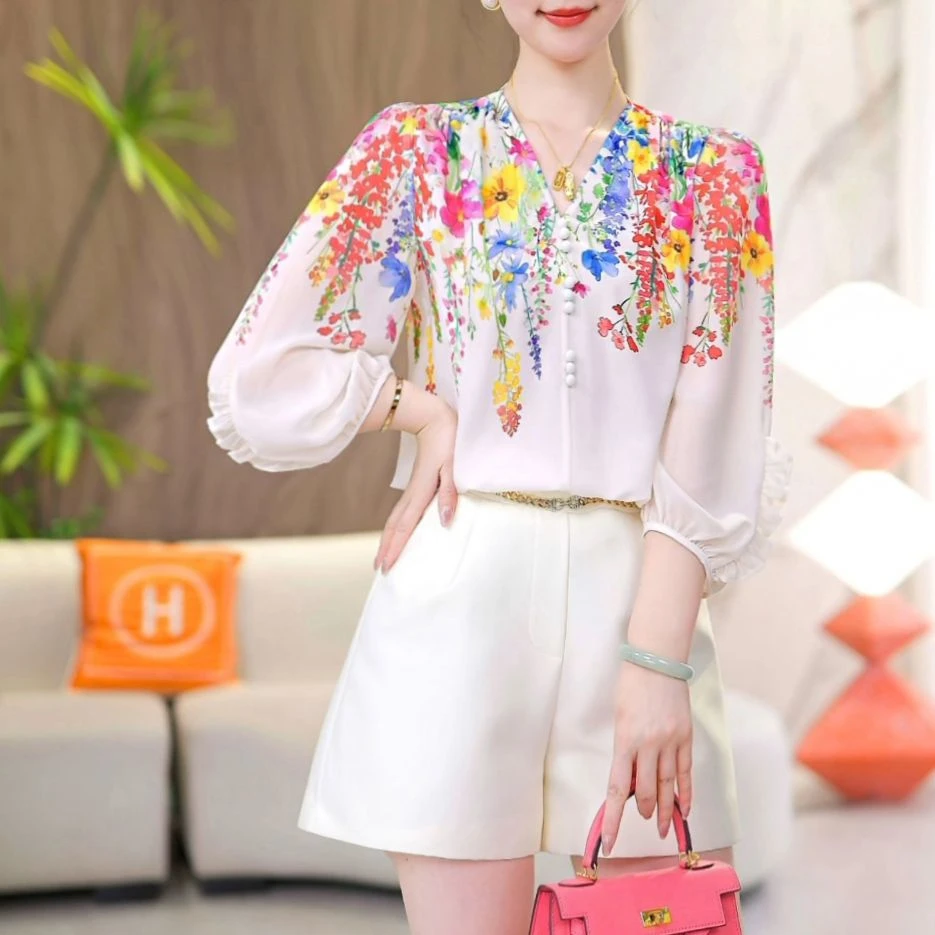 现货【五彩花林】衬衫女2025新款薄款遮肚显瘦时尚百搭洋气花色上衣