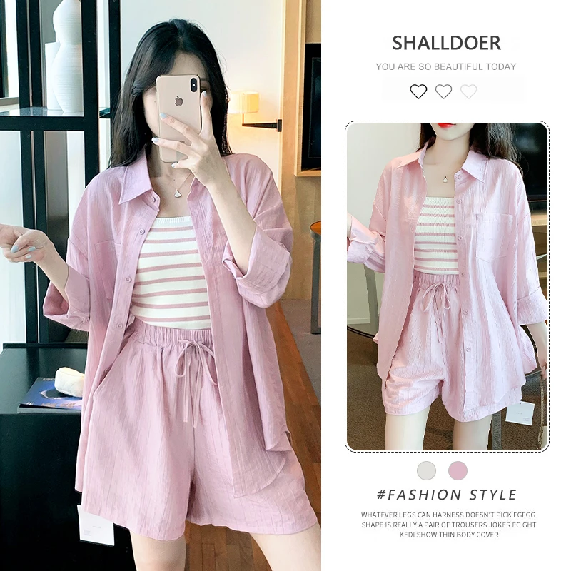 洋气衣服女2025夏季新款大码女装防晒衬衫外套背心阔腿短裤三件套