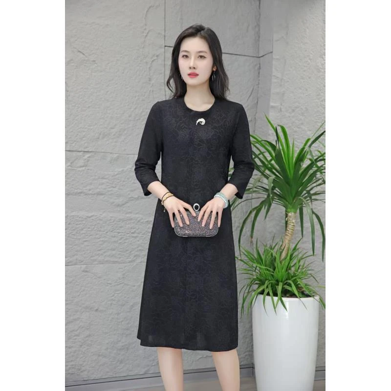 10957-气质春秋新款高档提连衣裙过膝时尚妈妈内搭宽松遮肉