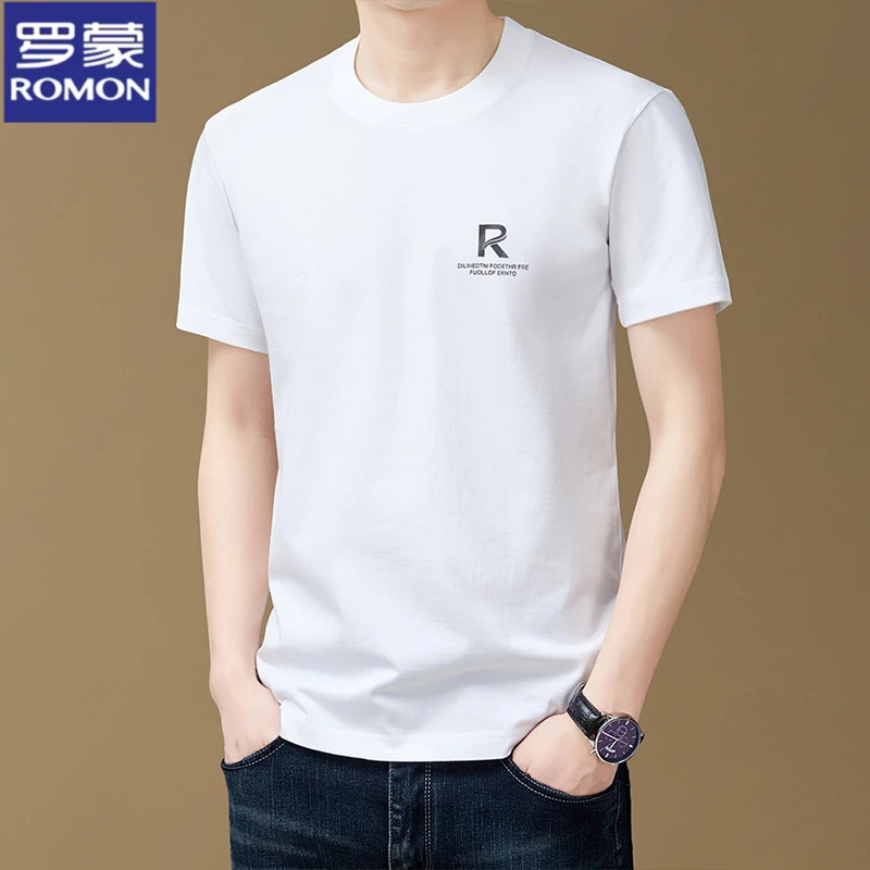 罗蒙男士纯棉短袖T恤夏季时尚印花薄款透气速干圆领宽松上衣男装
