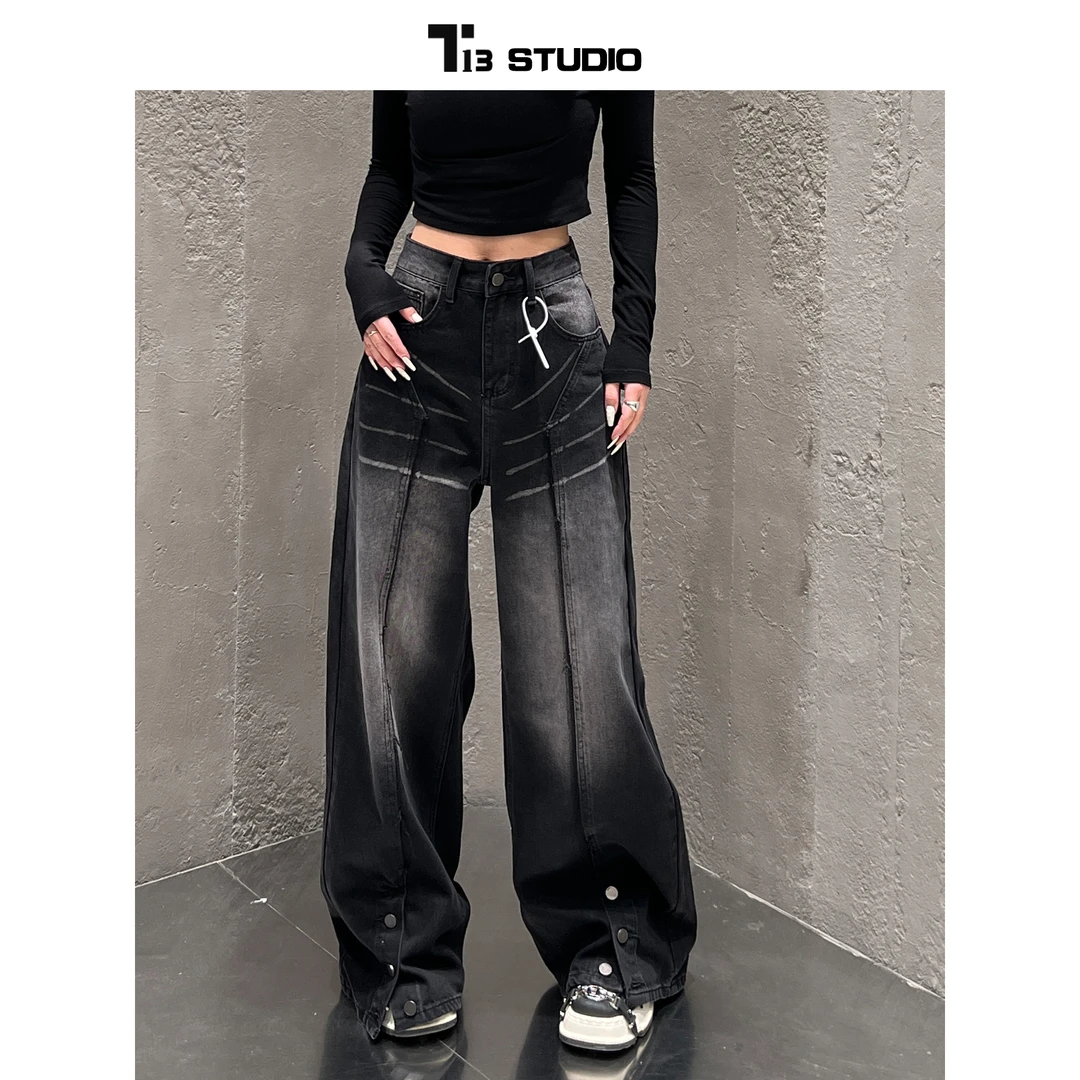 T13妮妮【ZYE6629Q】新款宽松中高腰显瘦直筒堆堆牛仔裤