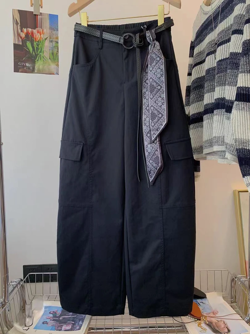 2555-AQ蔵蓝色半松紧阔腿工装弯刀裤