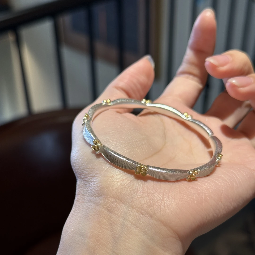 足银手镯 来鱼『月桂』描金桂花古法拉丝国风足银9999手镯开口