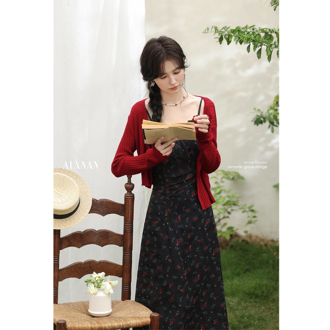 【粉丝福利】鹿向南「玫瑰暗香」红色开衫法式吊带裙套装女新款L53587