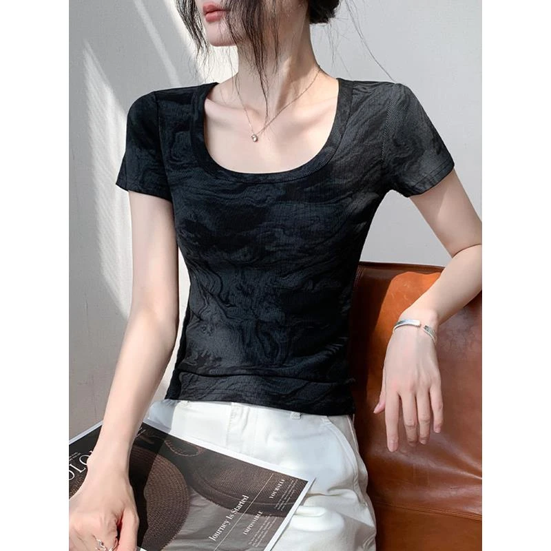 夏季方领正肩扎染t恤短袖修身正肩收腰短袖上衣打底基础好穿双11
