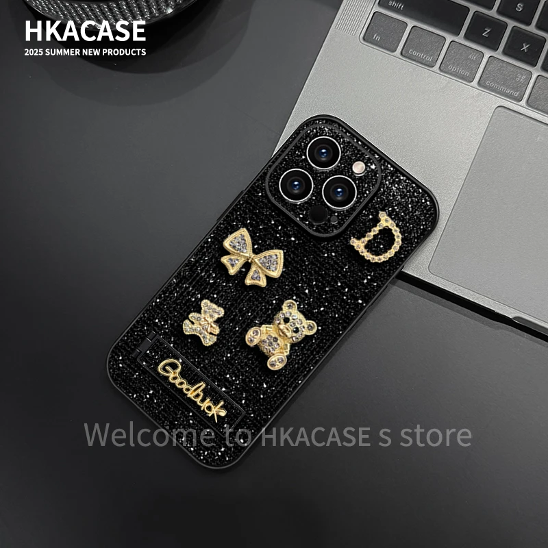 英文小熊适用苹果vivo华为oppo小米iPhone16闪钻亮片手机壳