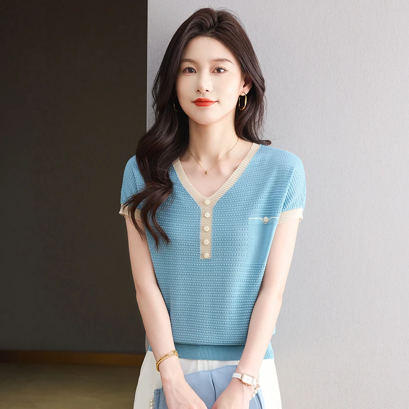 莱赛尔天丝宽松夏装中年女士天丝透气T恤遮肚子薄款短袖V领不粘身