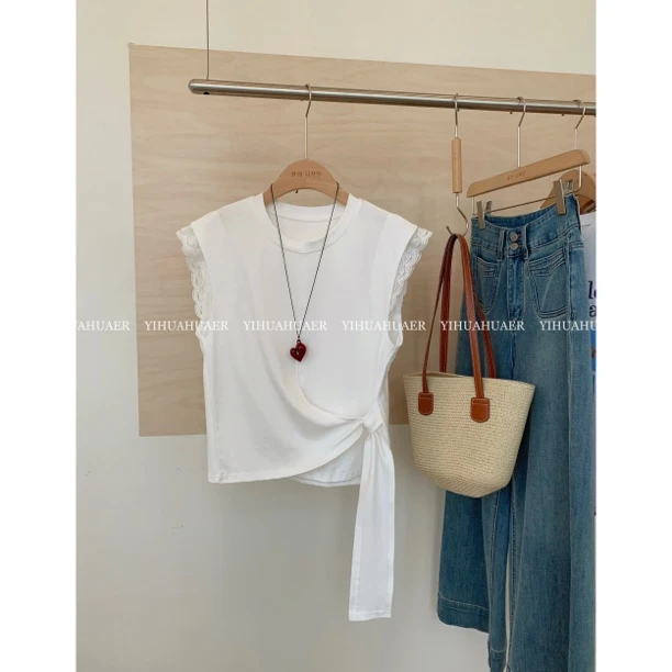 3391韩系圆领休闲夏款纯色设计感绑带拼接蕾丝百搭T恤3