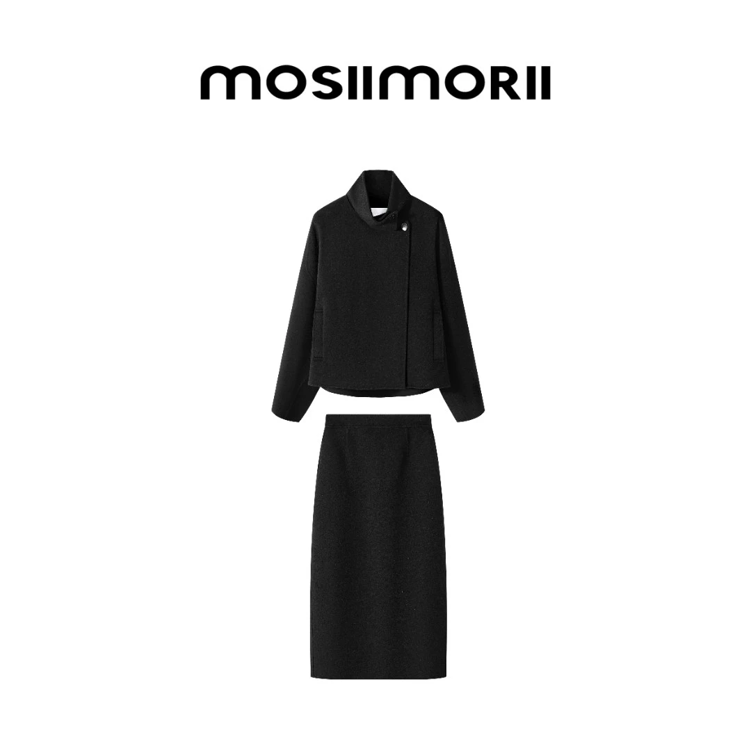 【川行】100%绵羊毛气质轻奢设计师长袖黑色秋冬套装 MOSIIMORII