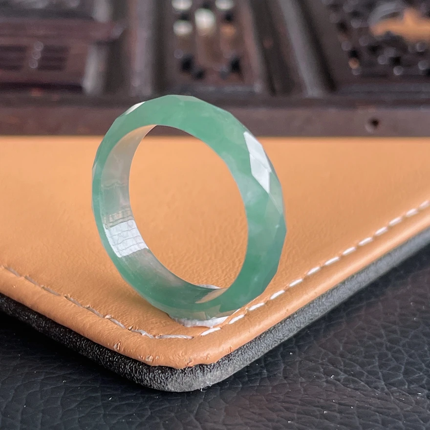 17号圈口天然A货翡翠钻切戒指精雕冰种切割面老坑玉指环男女款