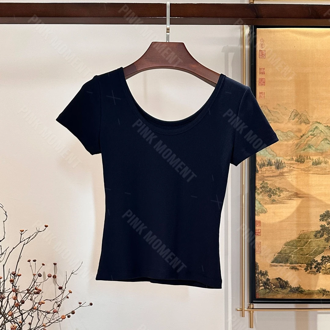 PM王囡囡 藏蓝色大U领修身坑条短T恤 ND1B1253