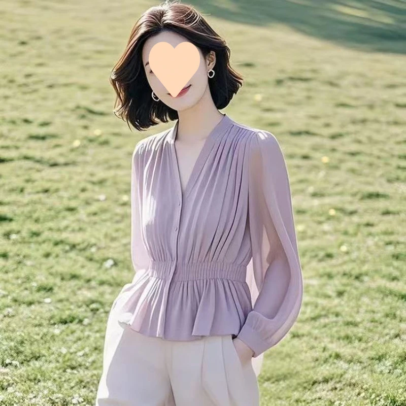 春夏款裙摆收腰上衣法式通勤穿搭设计感领洋气小衫紫色衬衫女装