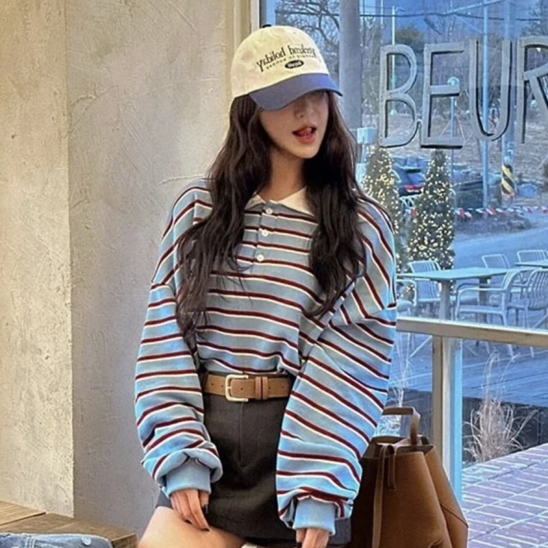 新款条纹卫衣复古百搭撞色宽松休闲上衣长袖T恤