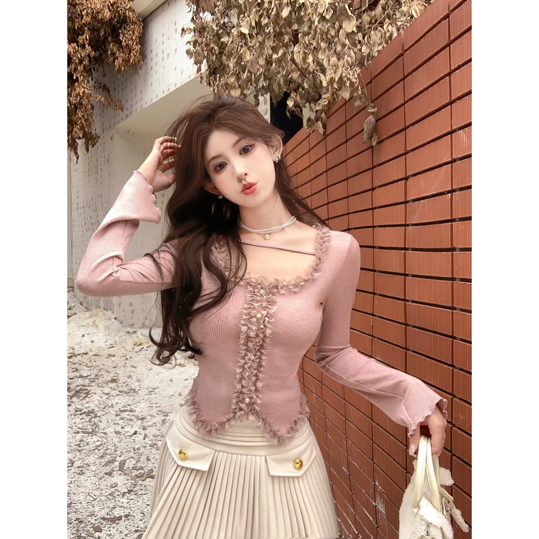 甜美温柔风细闪U领长袖T恤女时尚百搭修身显瘦绝美别致外穿上衣服