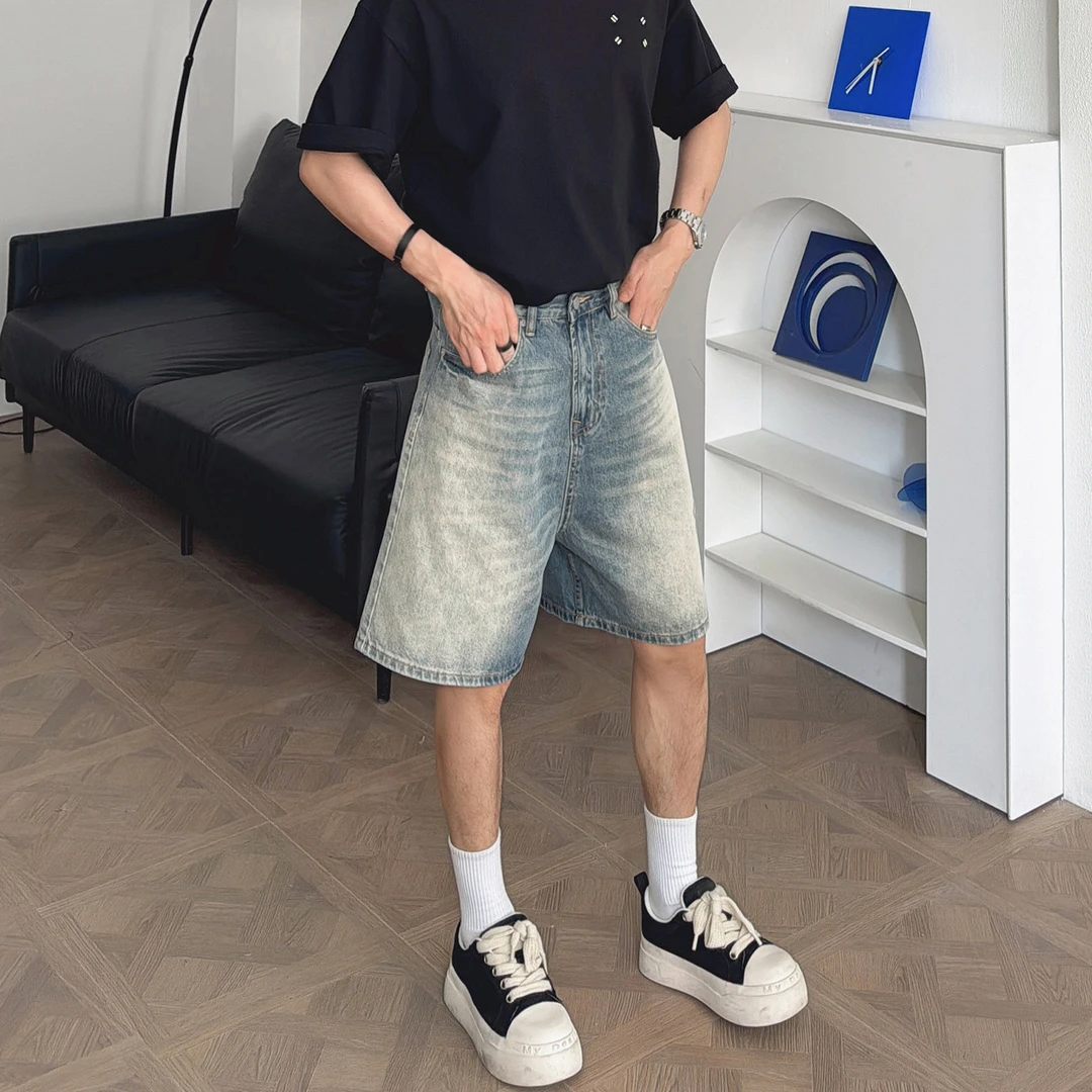 渣渣鹿2025夏季新款怀旧蓝破洞男士牛仔短裤宽松休闲透气五分裤子