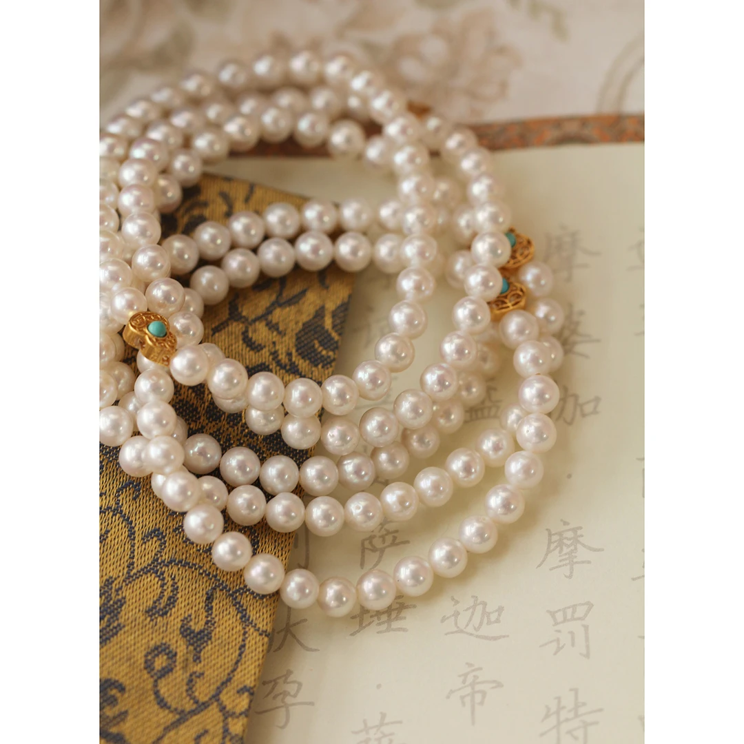 T 天然淡水珍珠手链弹力绳 5-6mm 古法银＋绿松石 多样性发货发一