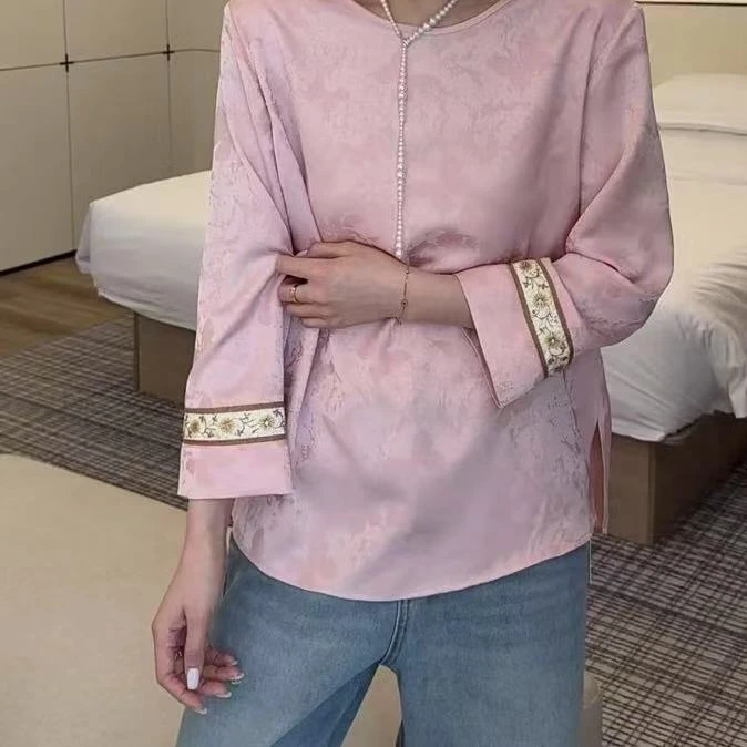 【BK】418/66A32 /115新中式国风提花衬衫女圆领薄款宽松绣花上衣