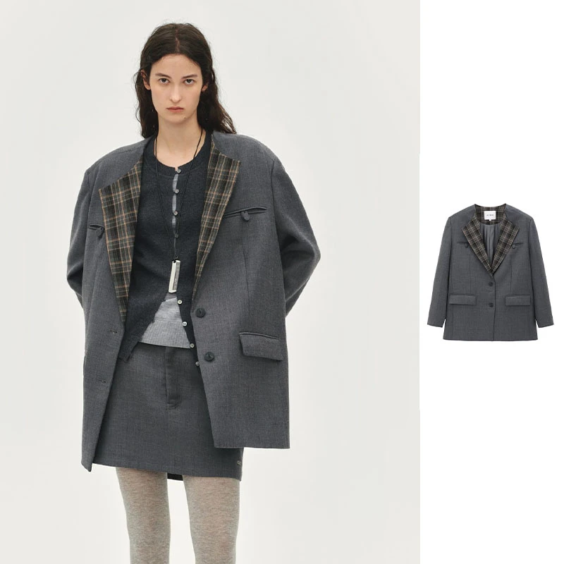【现货】AVVENN2025冬季新品平驳领门襟拼接格纹宽松西装外套