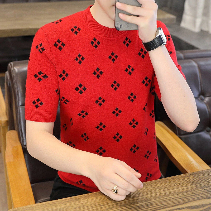 春季休闲针织短袖圆领套头毛衣男时尚男士潮流百搭6802