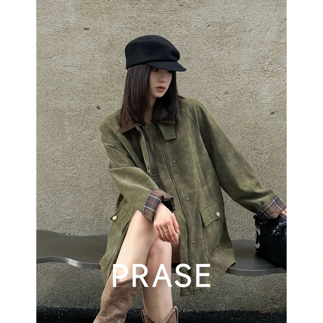 PRASE·噜【失重年代】秋冬撞色拼接中长款复古时尚夹棉外套PR510S95