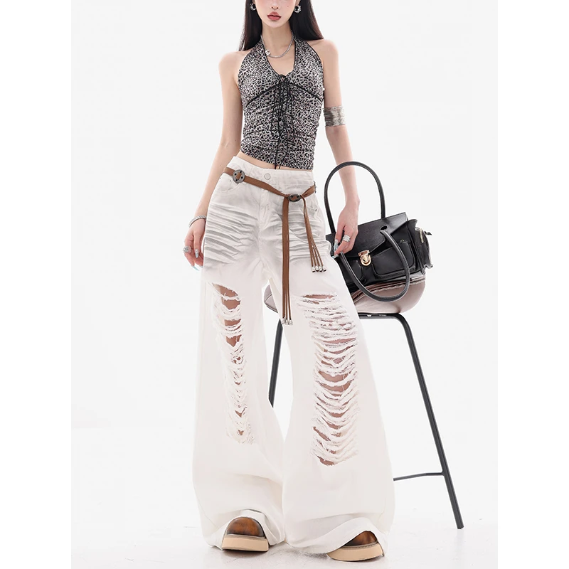 ABWEAR 加州阳光-原创白色重工破洞牛仔裤女高腰宽松阔腿拖地长裤