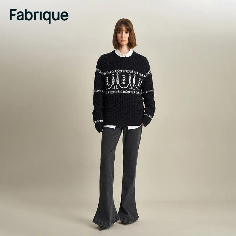 【达人专享】Fabrique雅丹风黑白色肌理感绵羊毛费尔岛圆领毛衣毛衫