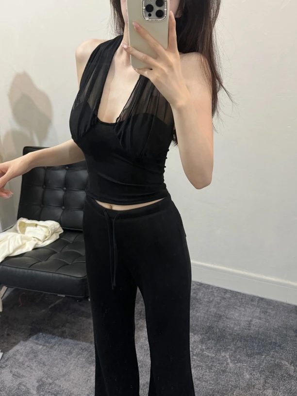 夏季有垫纯欲辣妹挂脖美背修身显瘦短款网纱吊带背心7517