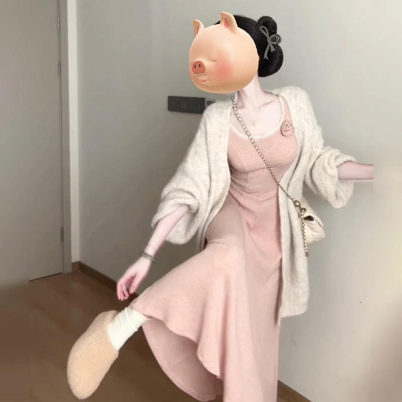 粉色内搭打底长袖连衣裙子女秋冬季2024新款气质修身显瘦包臀长裙