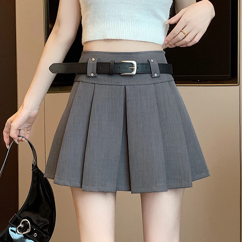 配皮带高腰防走光灰色西装短裙女2025春季新款韩版百搭a字半身裙