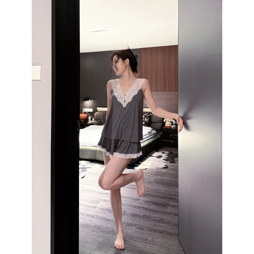 doubleoo吊带蕾丝边v领纽扣开衫睡衣女夏背心短裤纯色高级家居服