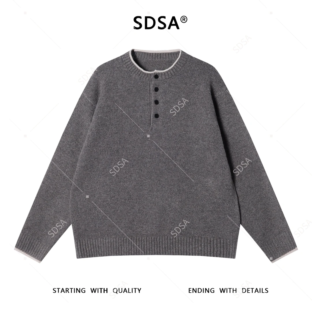 SDSA秋冬新款痞帅男装韩版撞色半纽扣圆领假两件毛衣慵懒风针织衫