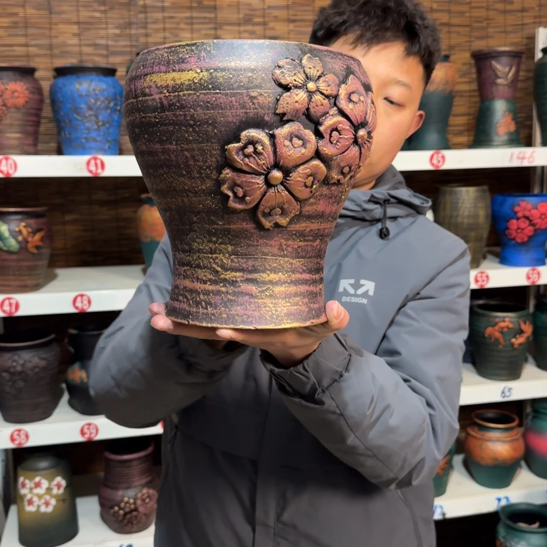 红陶红陶浮雕花盆炸炸炸