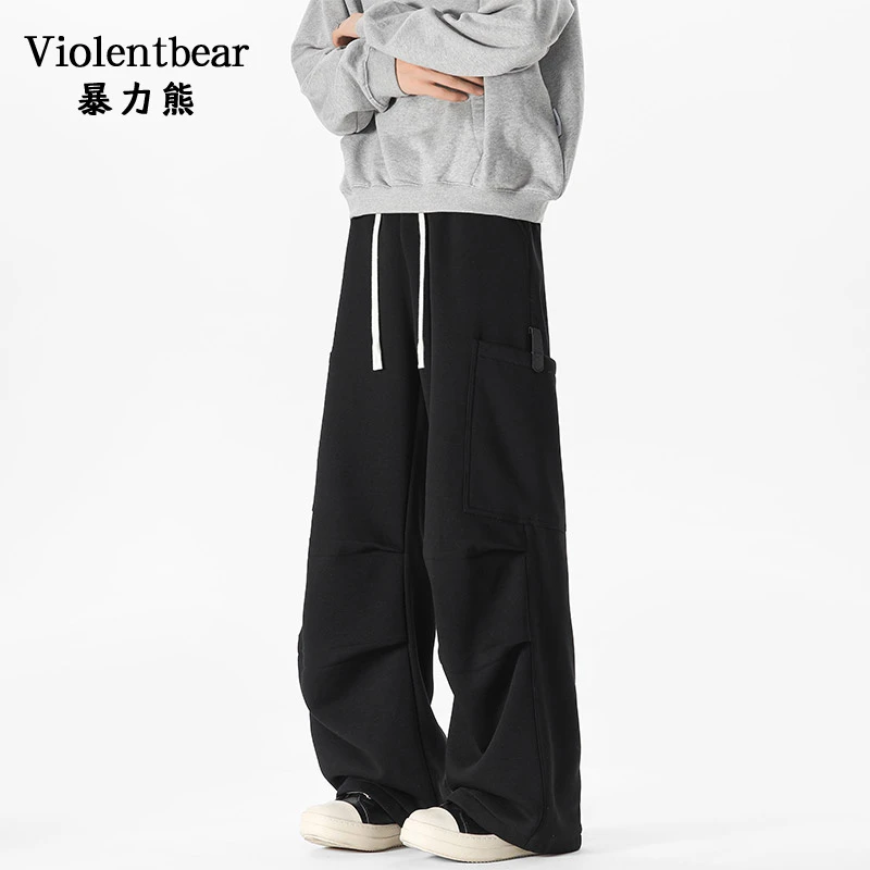 暴力熊秋冬直筒阔腿裤男宽松百搭休闲长裤工装风抽绳运动裤男潮流