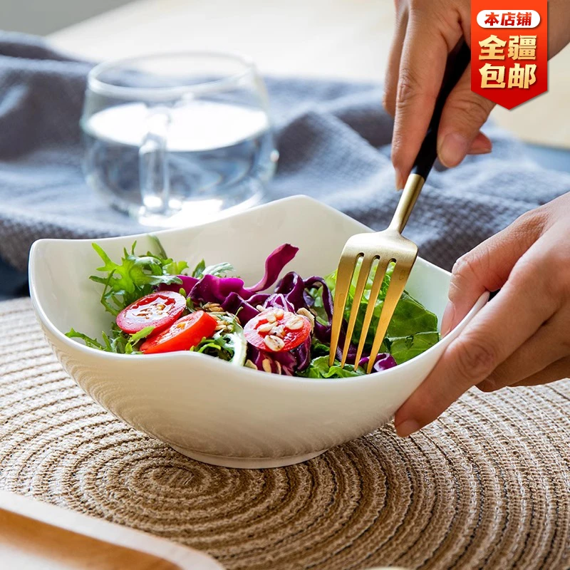 纯白色陶瓷沙拉碗异形四角碗盘子菜盘家用意面方形盘子摆台翘角盘