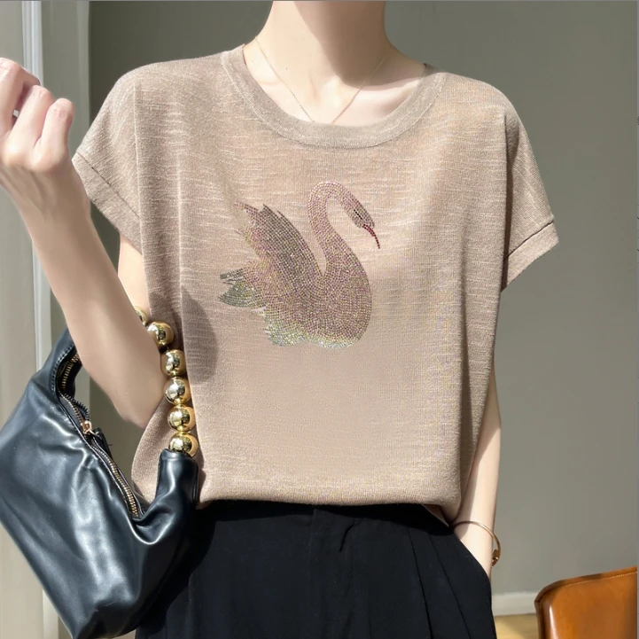 夏季新款竹节麻小天鹅高温烫钻针织短袖T恤气质百搭薄款透气宽松