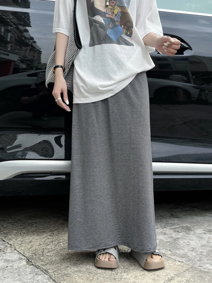 【Si&华严选】慵懒风抽绳系带半身裙松弛休闲感横条纹半裙18321