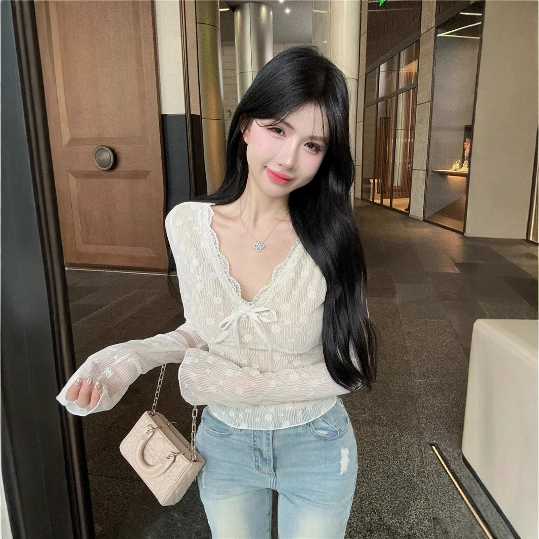 2024女百搭设计感小众蕾丝打底衫绑带法式新款蕾丝长袖秋季上衣