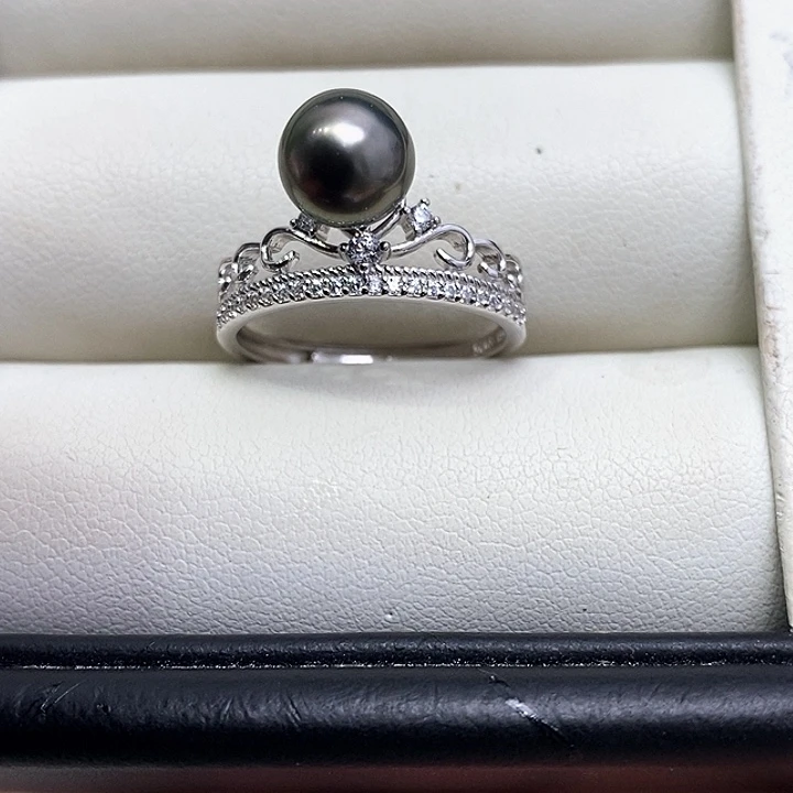 银S925镶嵌戒圈海水珍珠7-8极光大溪地