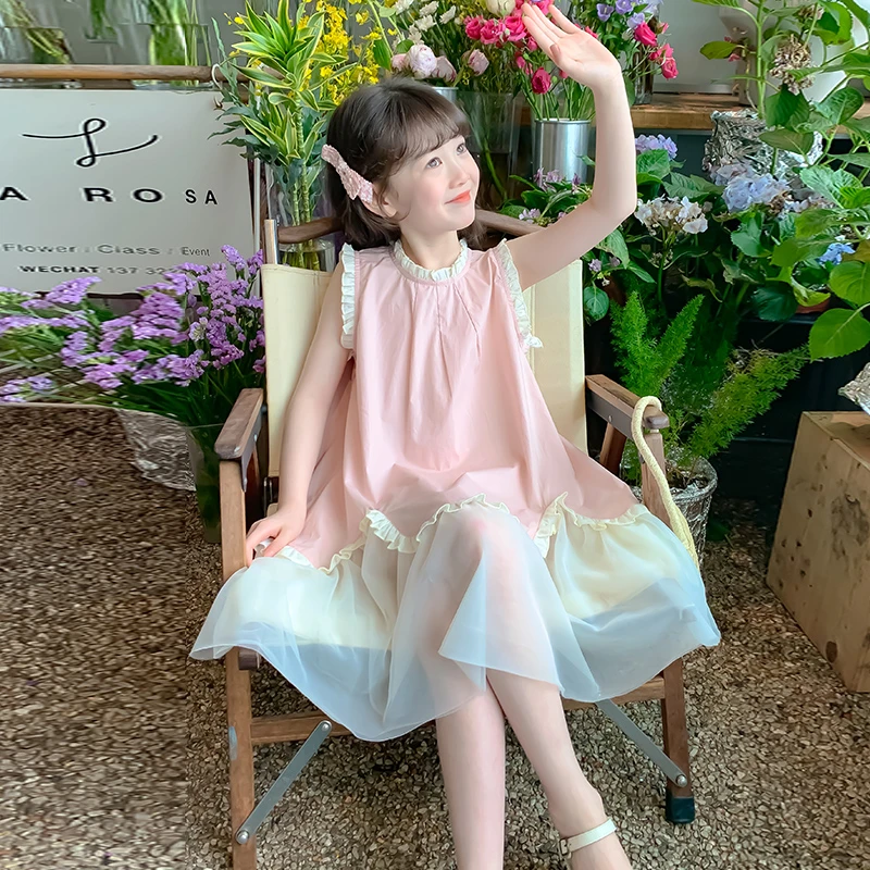 2025夏季新款儿童女中大童棉布无袖公主纱裙甜美