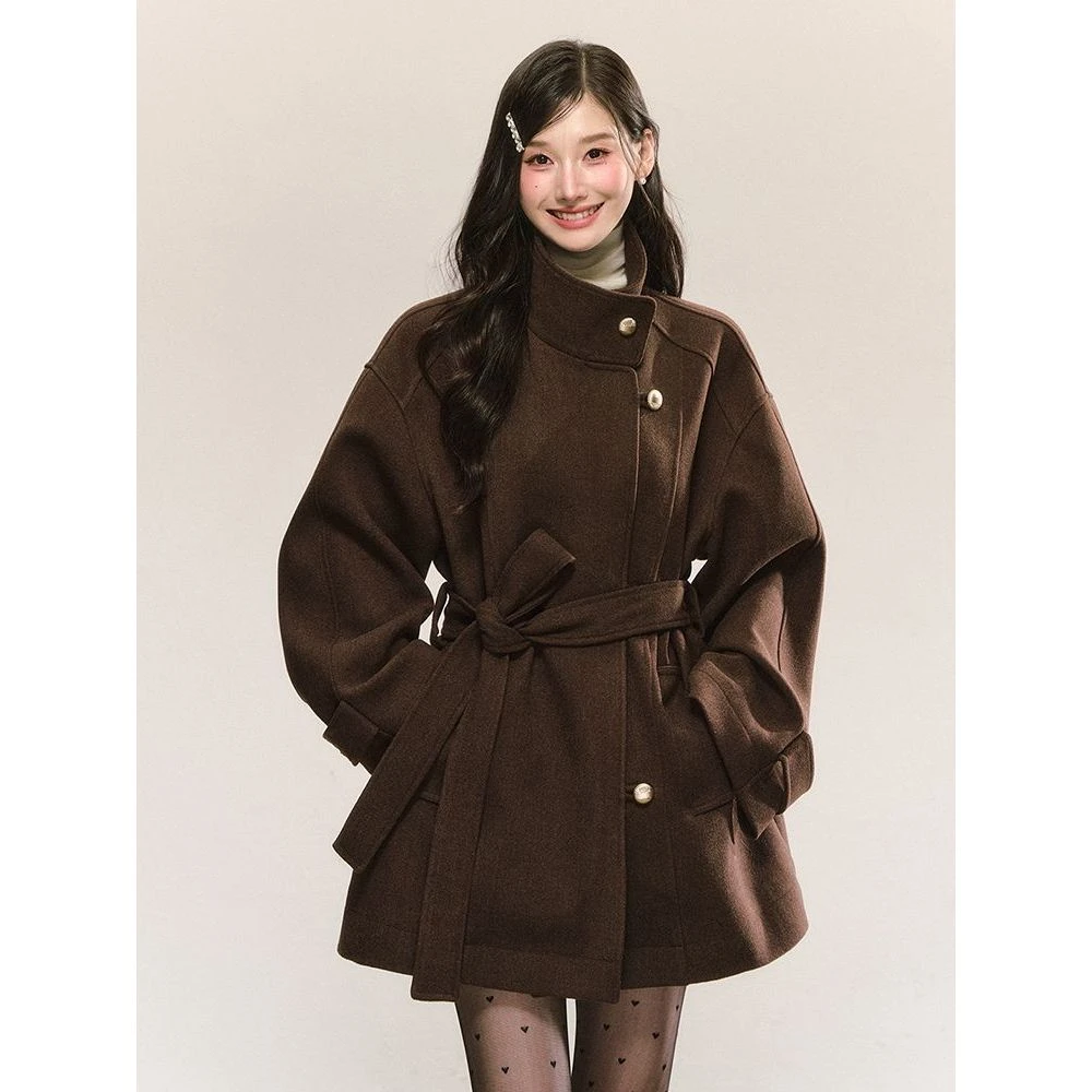 法式复古高级感立领毛呢外套秋冬新款系带收腰显瘦气质棕色大衣女