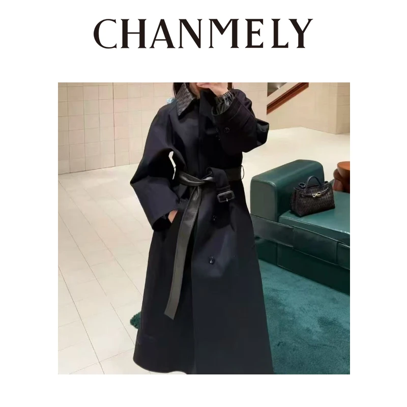 【CHANMITY】25/ss高级手工编织皮革边棉质华达呢大衣外套025092