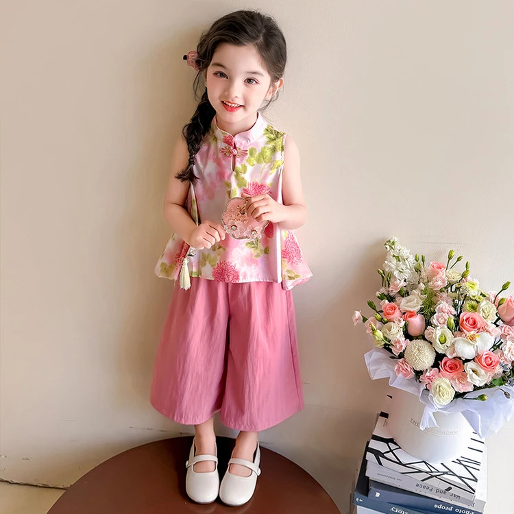 女童夏季碎花盘扣套装中国风儿童背心服装两件套无袖新中式宝宝装