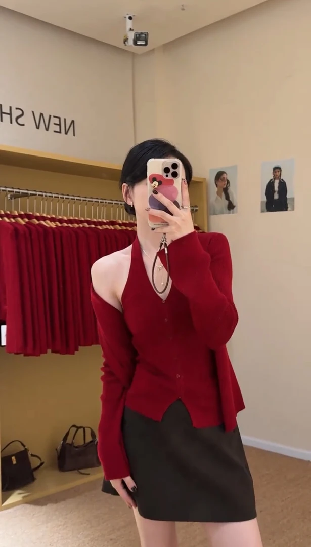 【热烈玫瑰】INS风韩系高级感挂脖吊带针织开衫显白气质半身裙套装