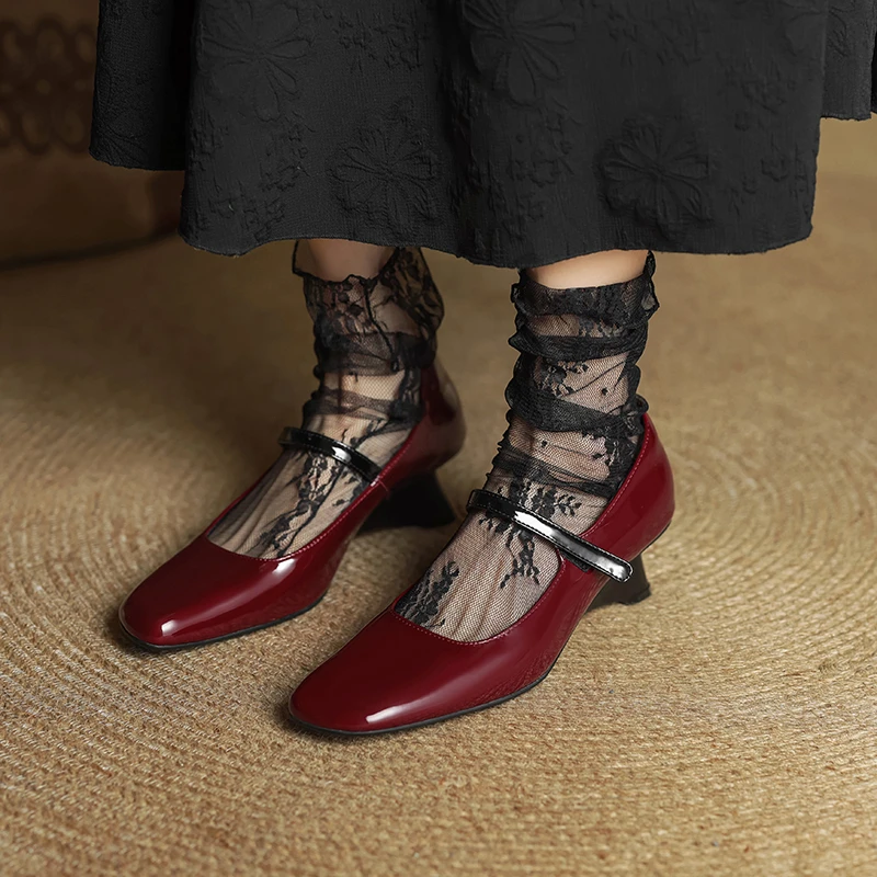 5.5cm方头坡跟玛丽珍鞋酒红色春夏百搭单鞋真皮一字扣带小皮鞋女